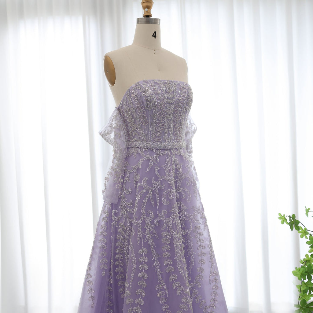 Luxury Beaded Lilac A-Line Strapless Evening Dress with Sleeves SS462