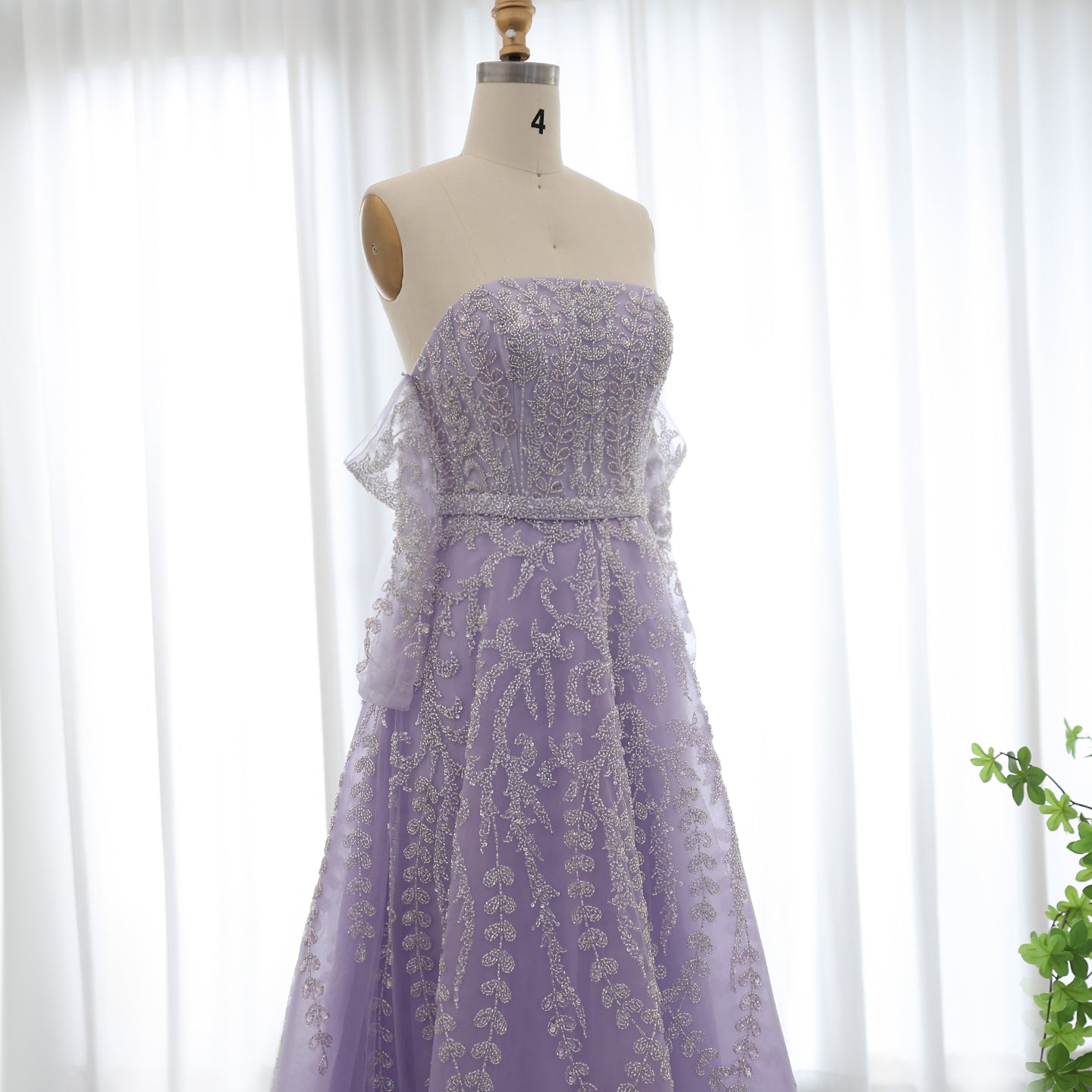 Luxury Beaded Lilac A-Line Strapless Evening Dress with Sleeves SS462