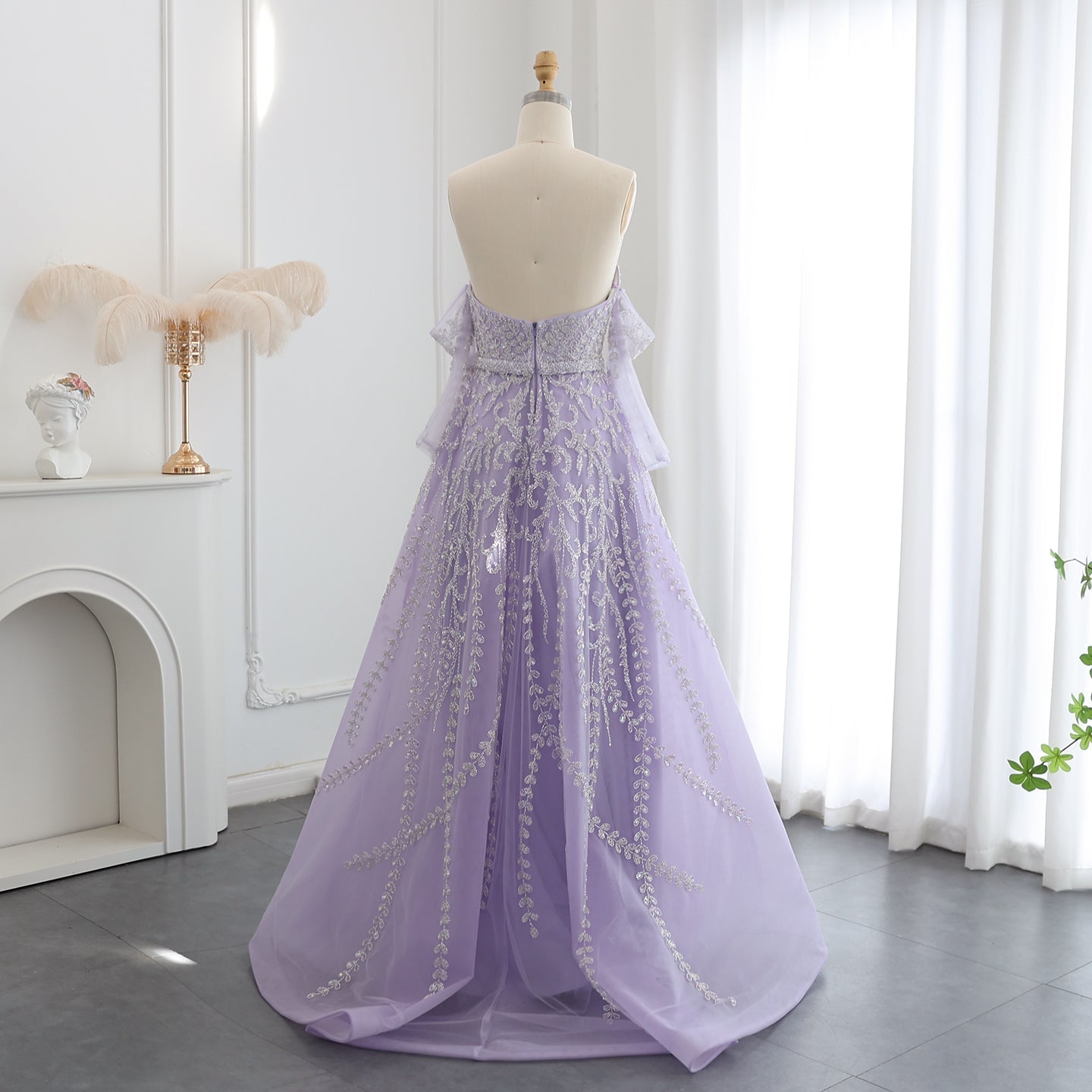 Luxury Beaded Lilac A-Line Strapless Evening Dress with Sleeves SS462