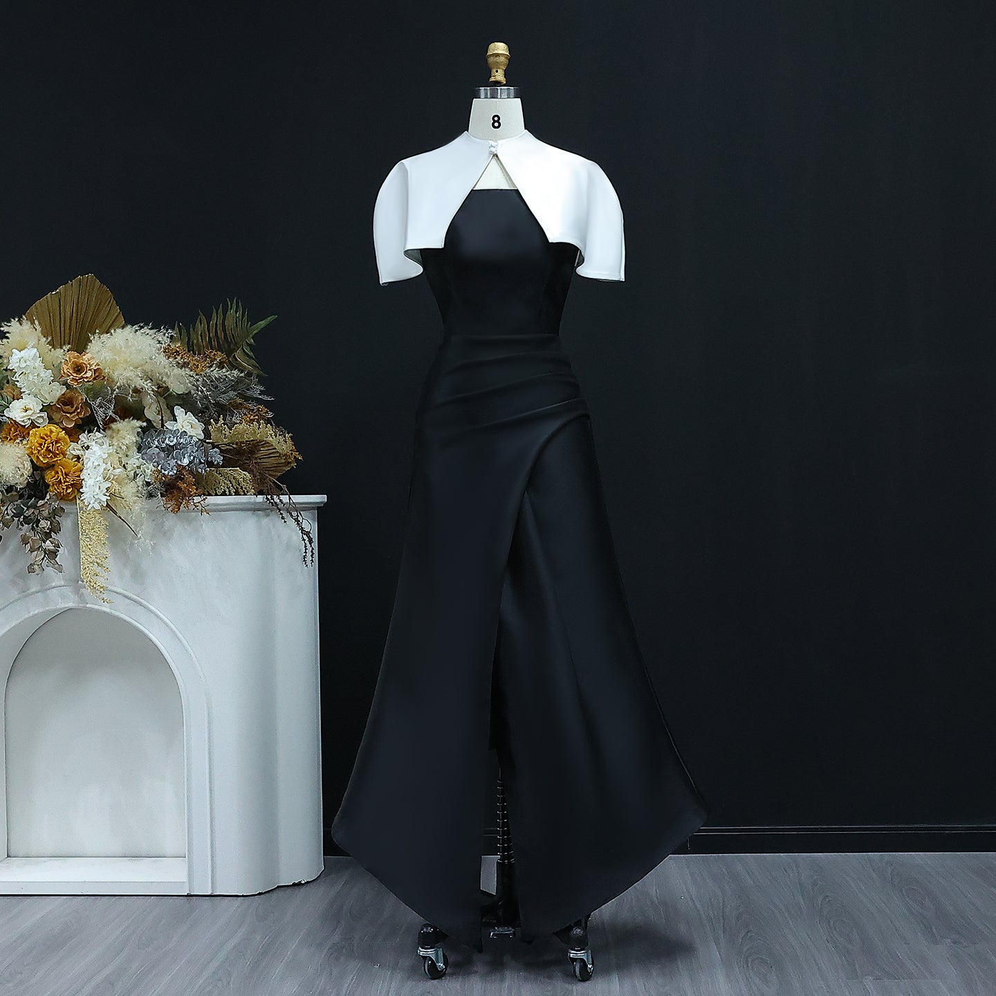 Elegant Black&White A-Line Satin Evening Dress with Cape SF415