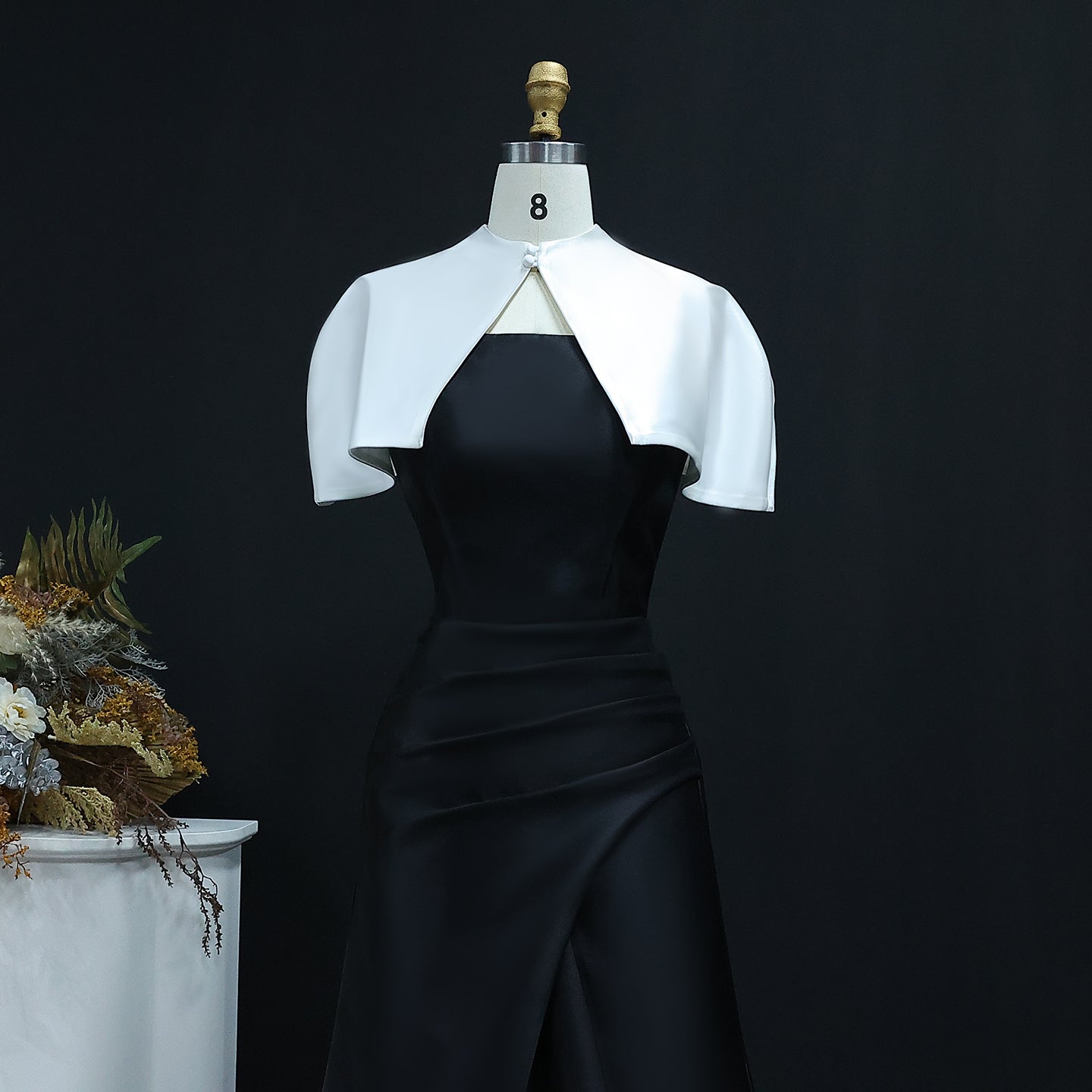 Elegant Black&White A-Line Satin Evening Dress with Cape SF415