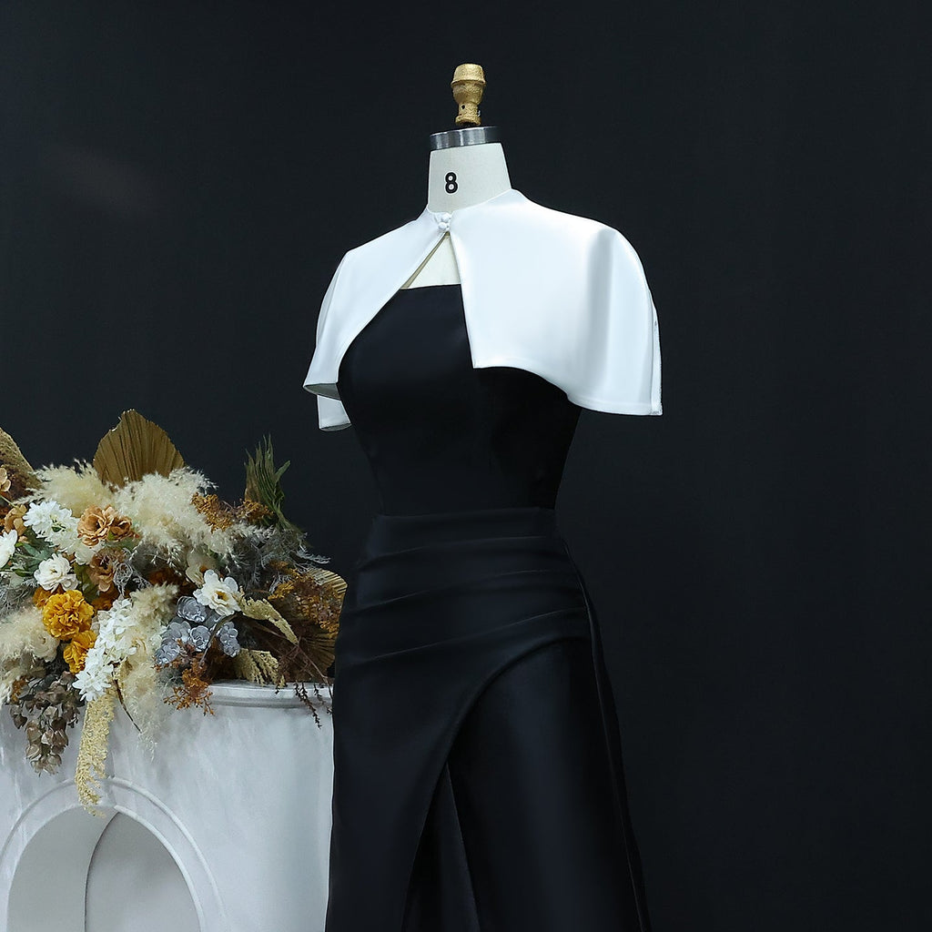 Elegant Black&White A-Line Satin Evening Dress with Cape SF415