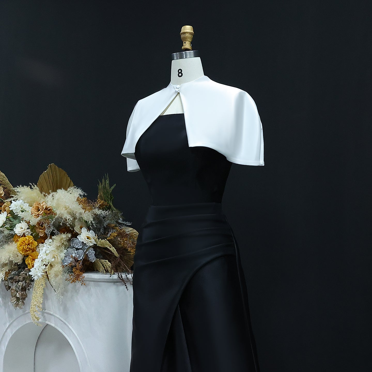 Elegant Black&White A-Line Satin Evening Dress with Cape SF415