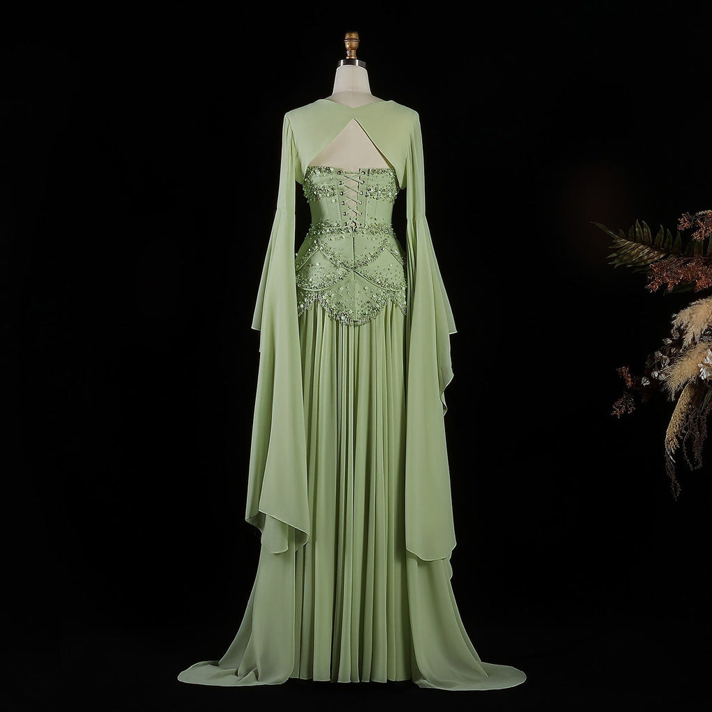 Luxury Pearls Tassel Blue and Yellow Evening Dress with Flowing Sleeves SS286