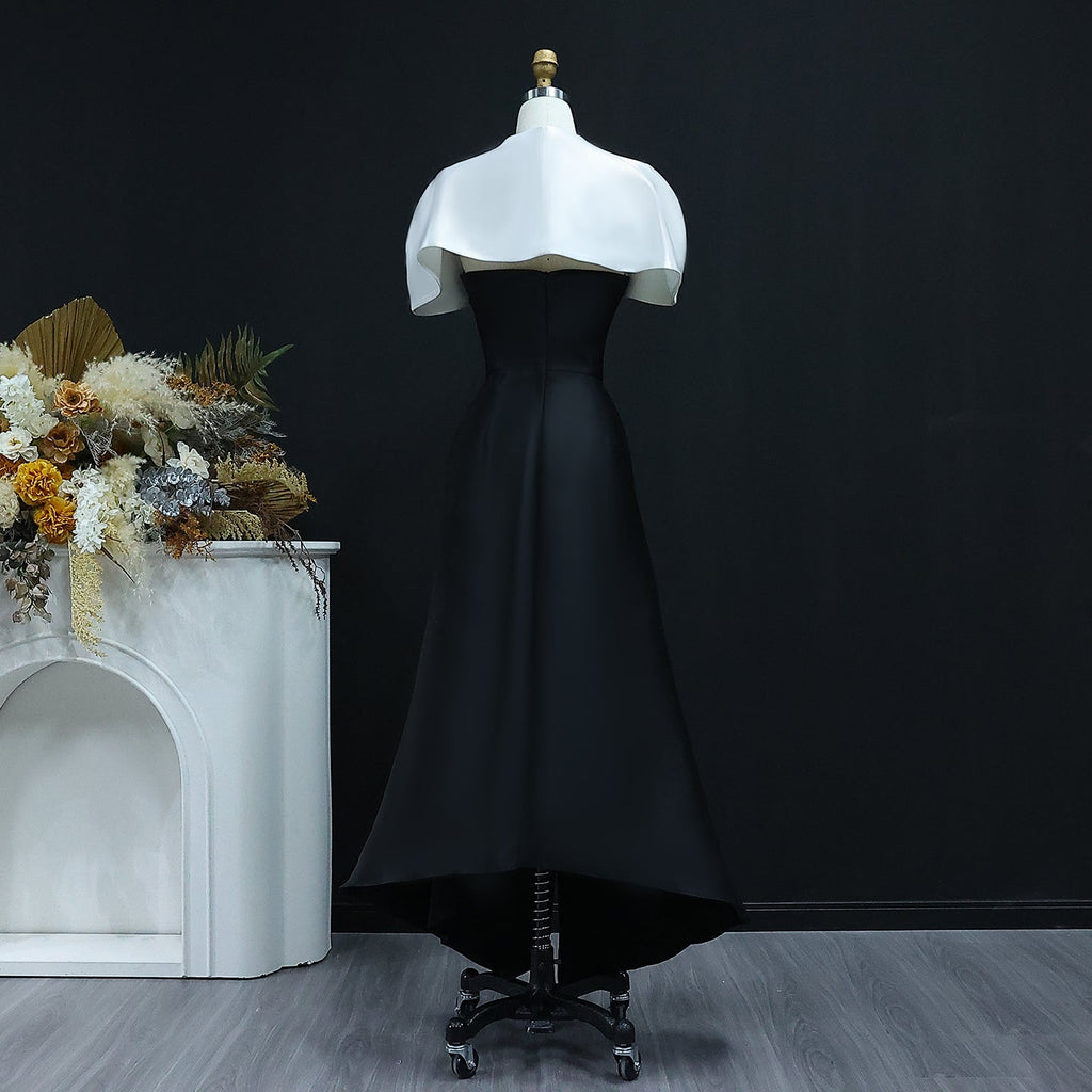 Elegant Black&White A-Line Satin Evening Dress with Cape SF415