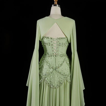 Luxury Pearls Tassel Blue and Yellow Evening Dress with Flowing Sleeves SS286