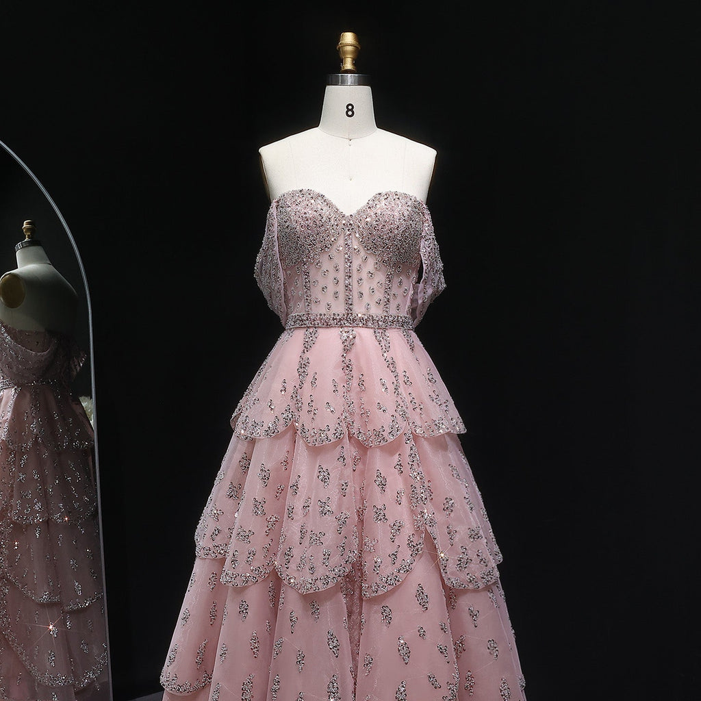 Glamorous Pink Strapless Sequin Tiered Evening Dress SS612