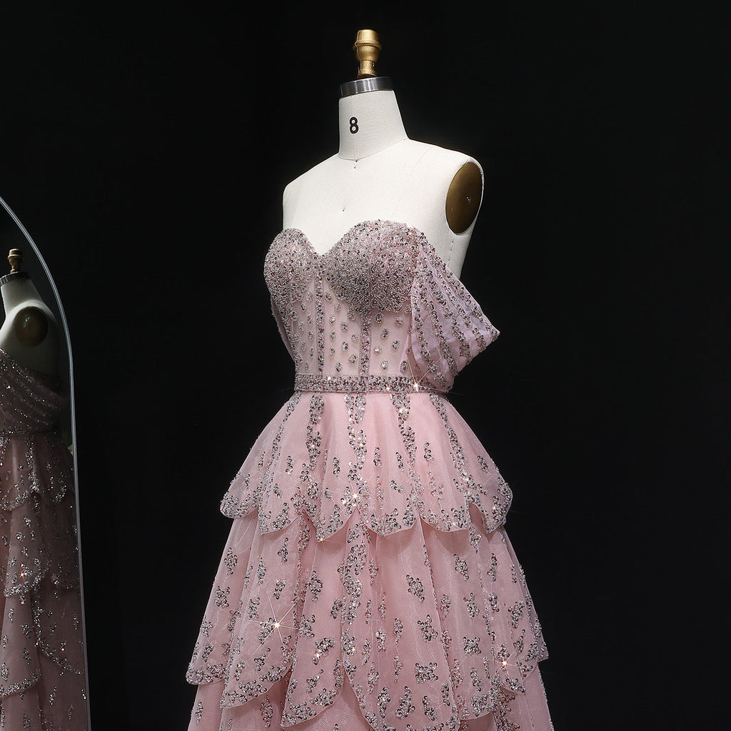 Glamorous Pink Strapless Sequin Tiered Evening Dress SS612