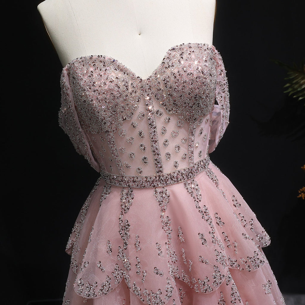 Glamorous Pink Strapless Sequin Tiered Evening Dress SS612