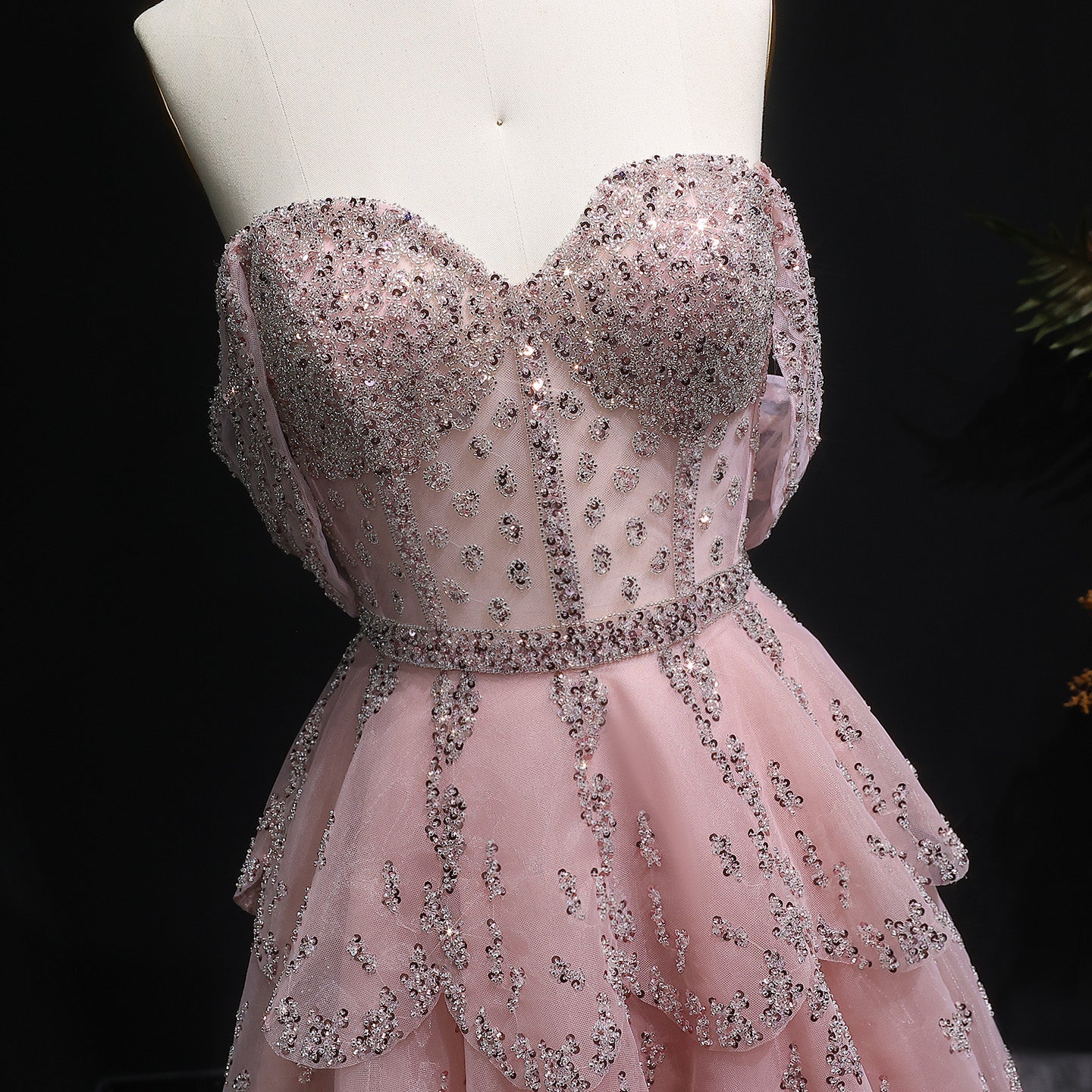 Glamorous Pink Strapless Sequin Tiered Evening Dress SS612