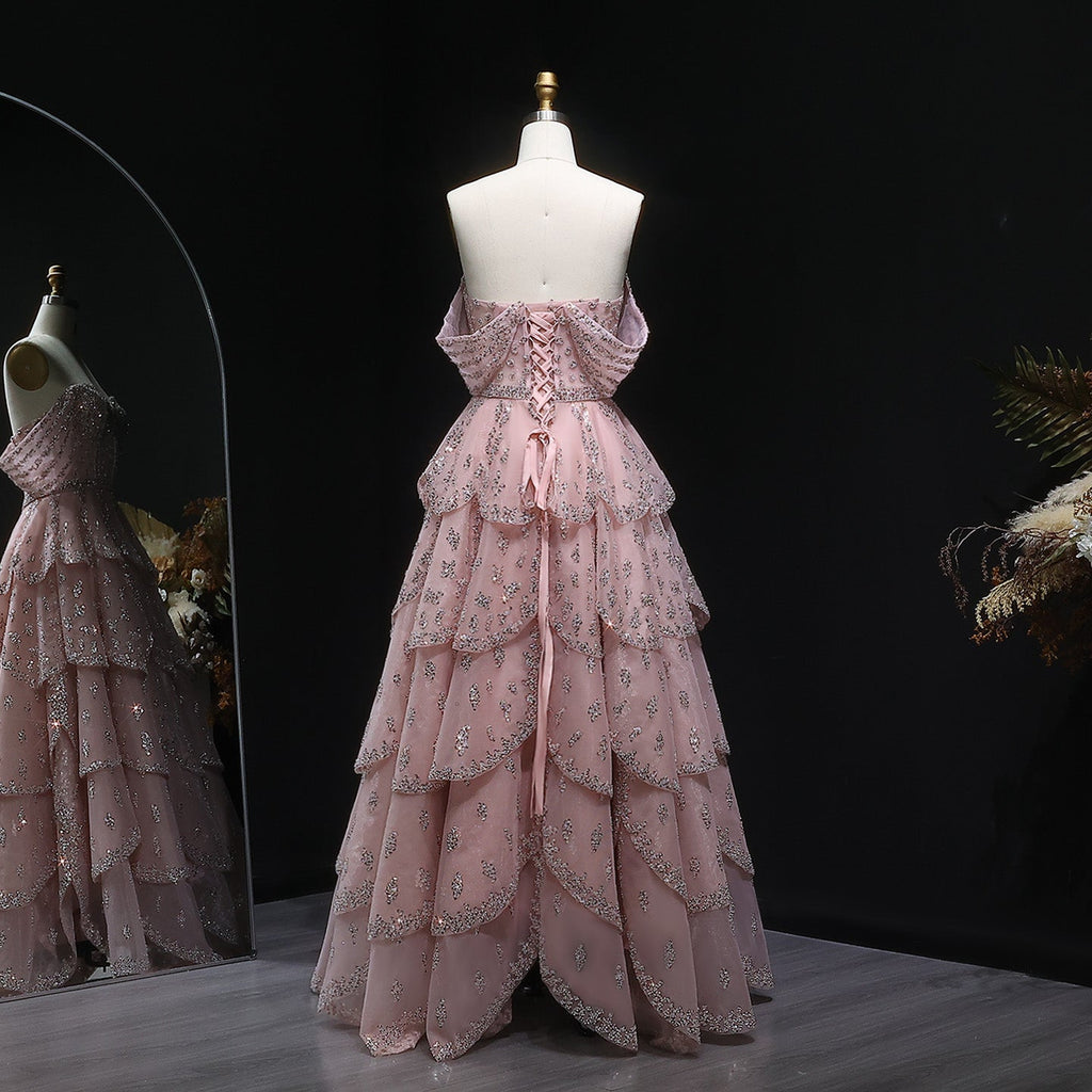 Glamorous Pink Strapless Sequin Tiered Evening Dress SS612
