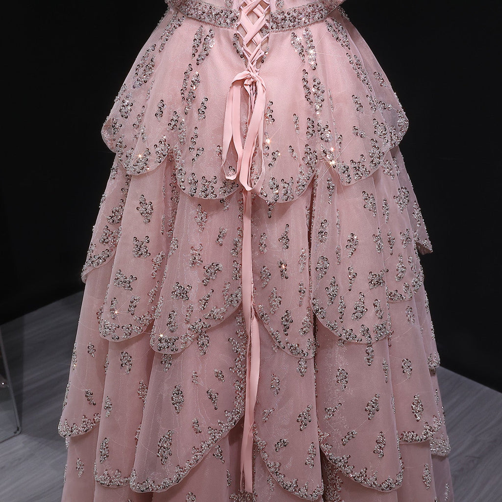 Glamorous Pink Strapless Sequin Tiered Evening Dress SS612
