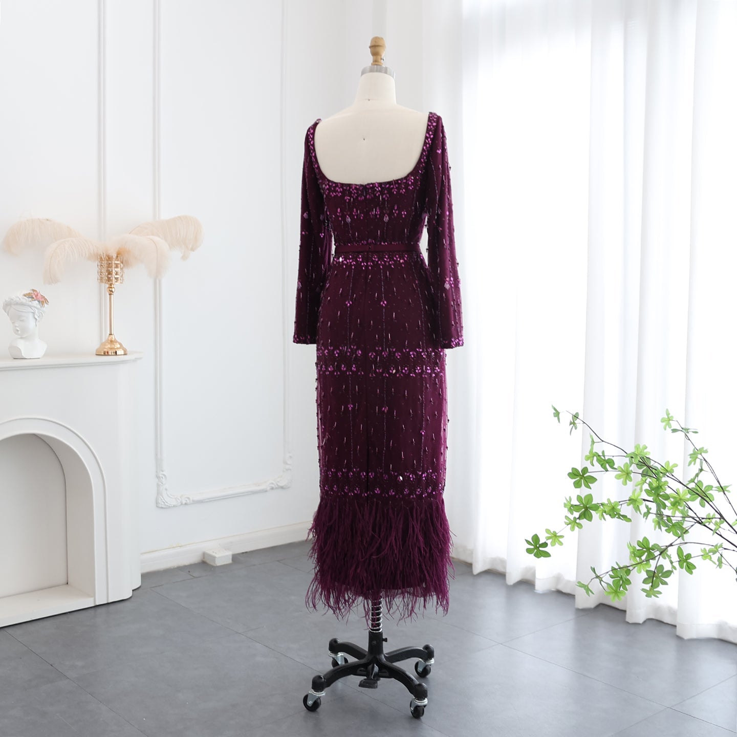 Luxury Feathers Gray Mermaid Evening Dress with Cape SS279