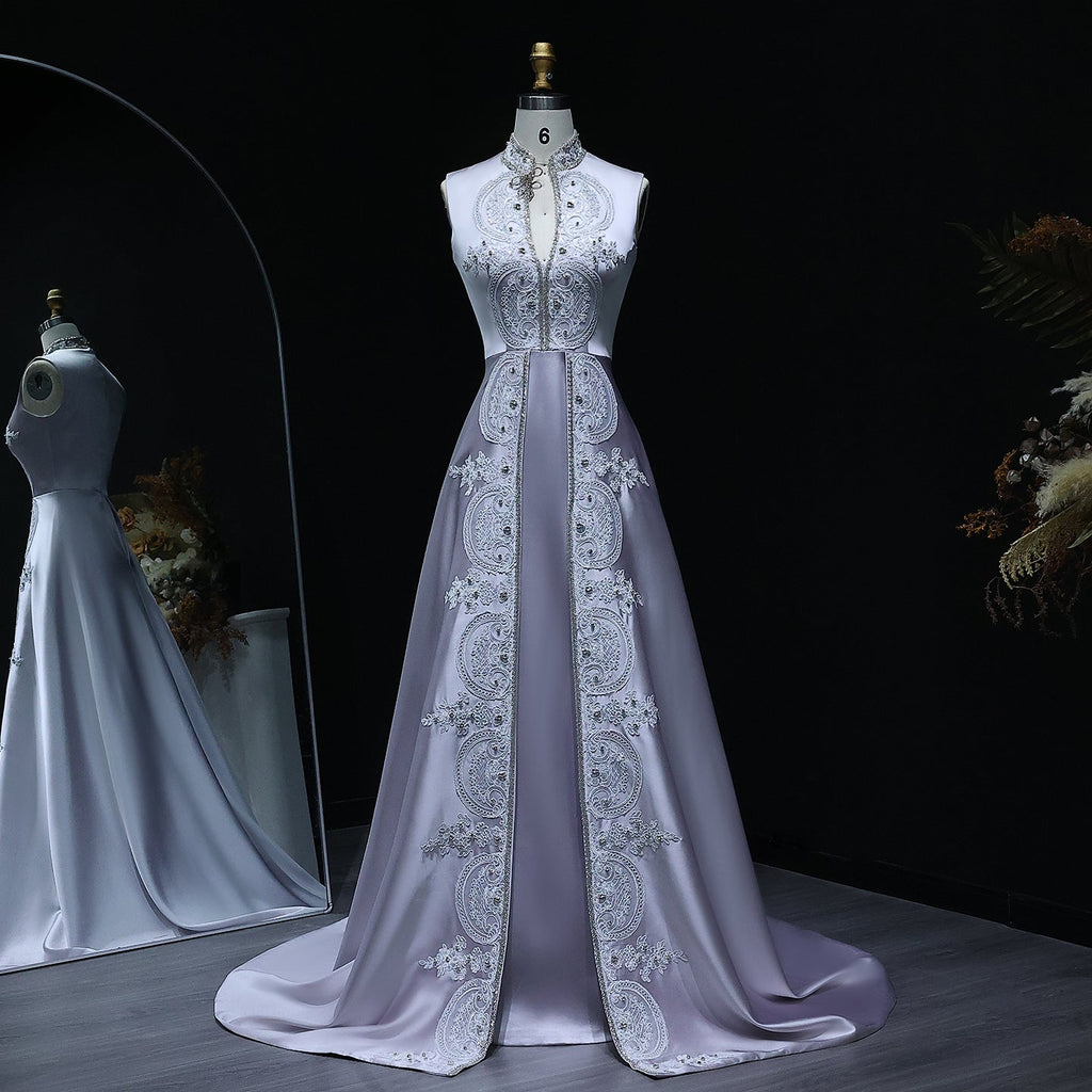 Elegant Floral Embroidery Gray A-Line Evening Dress XD-003