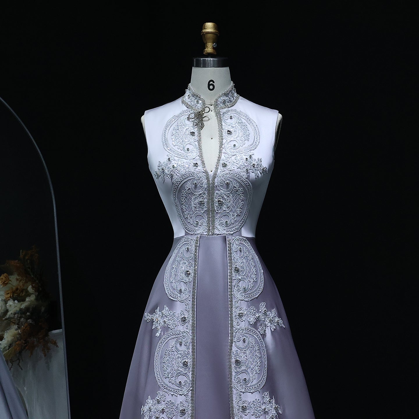 Elegant Floral Embroidery Gray A-Line Evening Dress XD-003