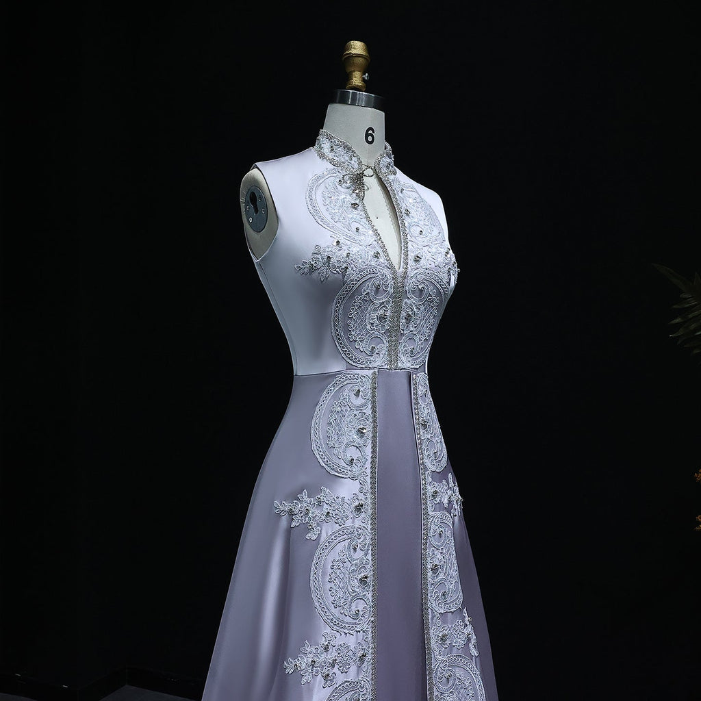Elegant Floral Embroidery Gray A-Line Evening Dress XD-003