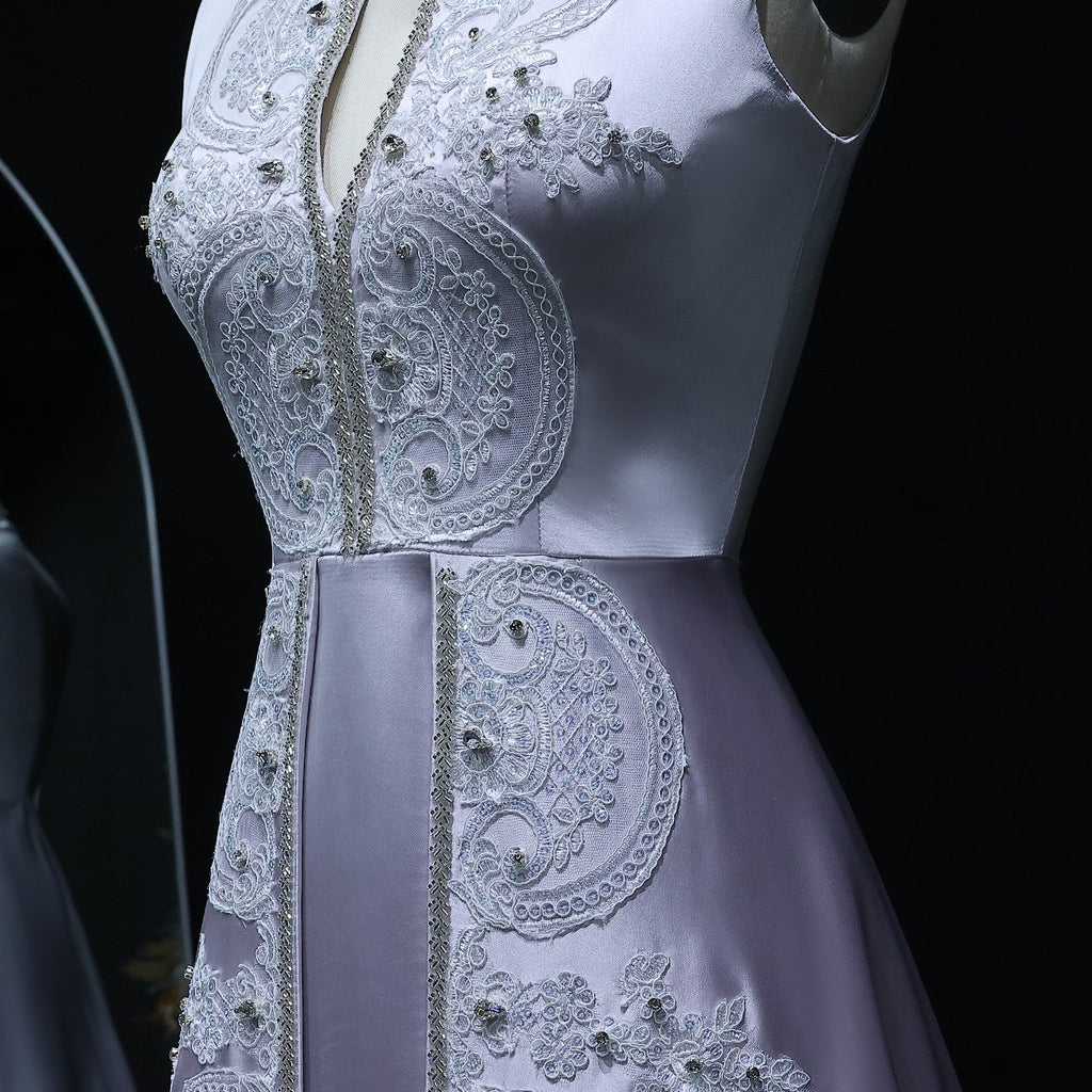 Elegant Floral Embroidery Gray A-Line Evening Dress XD-003