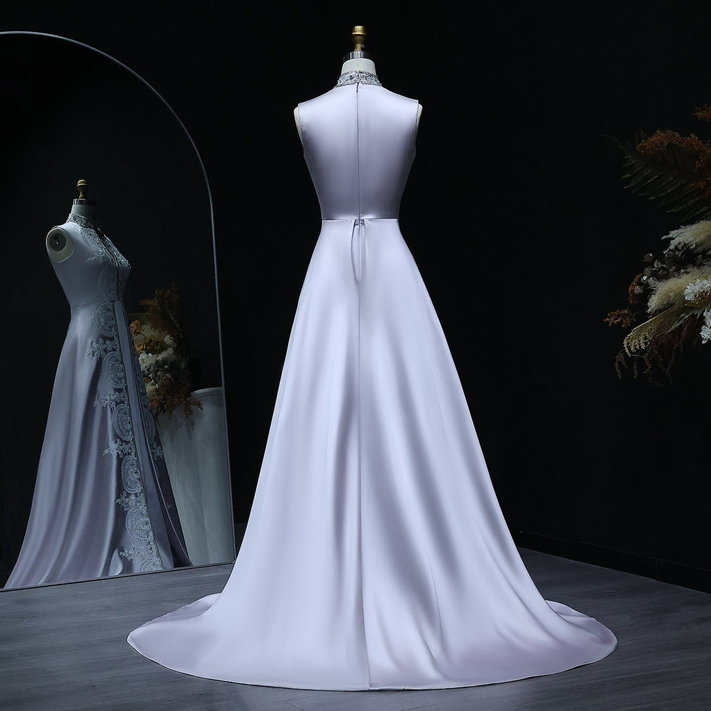 Elegant Floral Embroidery Gray A-Line Evening Dress XD-003
