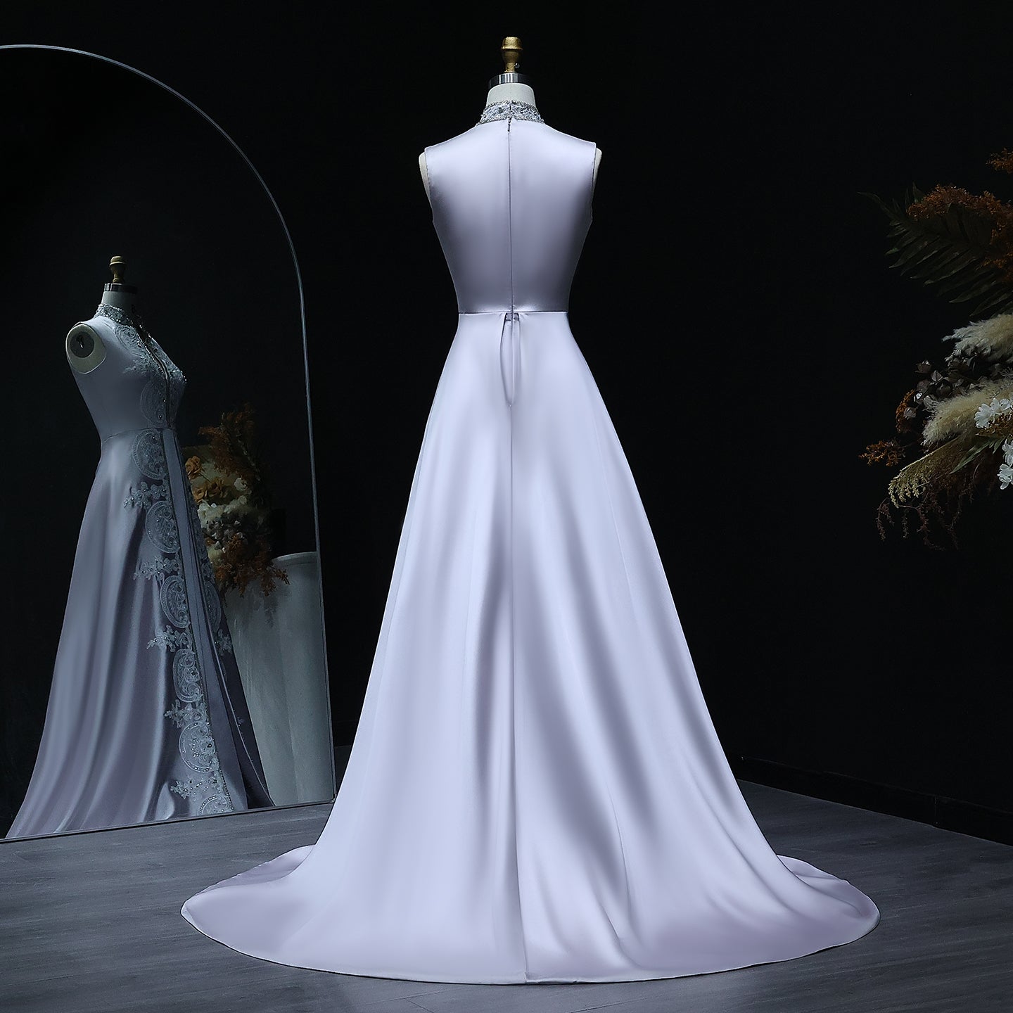 Elegant Floral Embroidery Gray A-Line Evening Dress XD-003