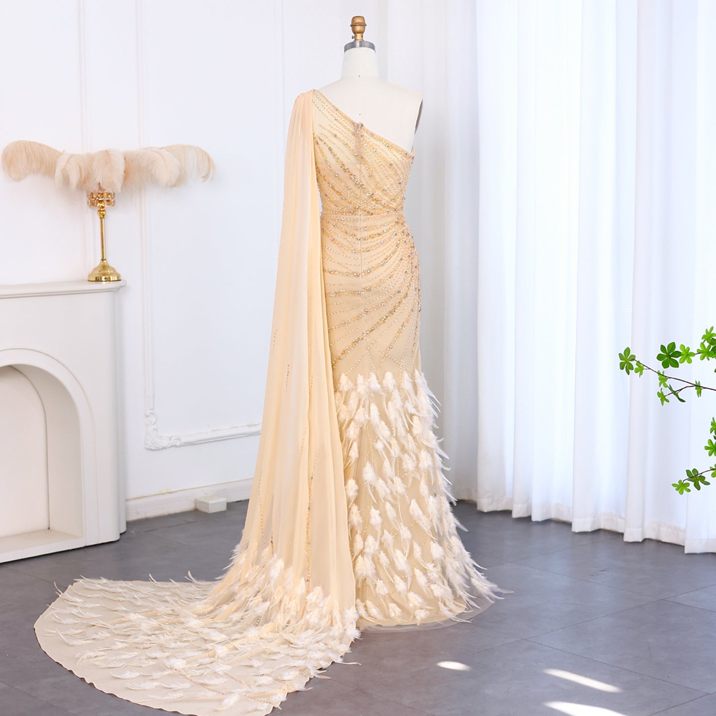 Luxury Feathers Turquoise One Shoulder Mermaid Evening Dress SS498
