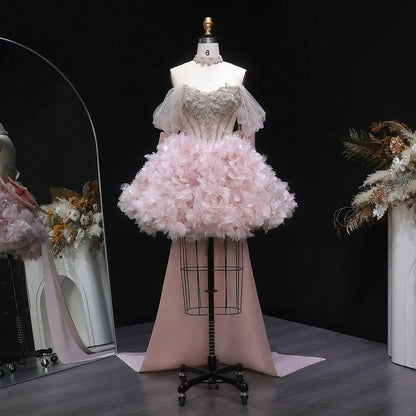Luxury Pink 3D Floral Train Evening Dress with Overskirt and Bow SS740
