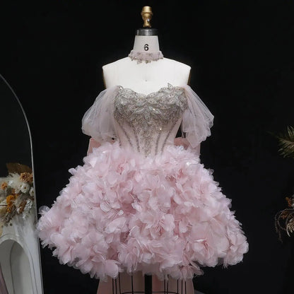 Luxury Pink 3D Floral Train Evening Dress with Overskirt and Bow SS740