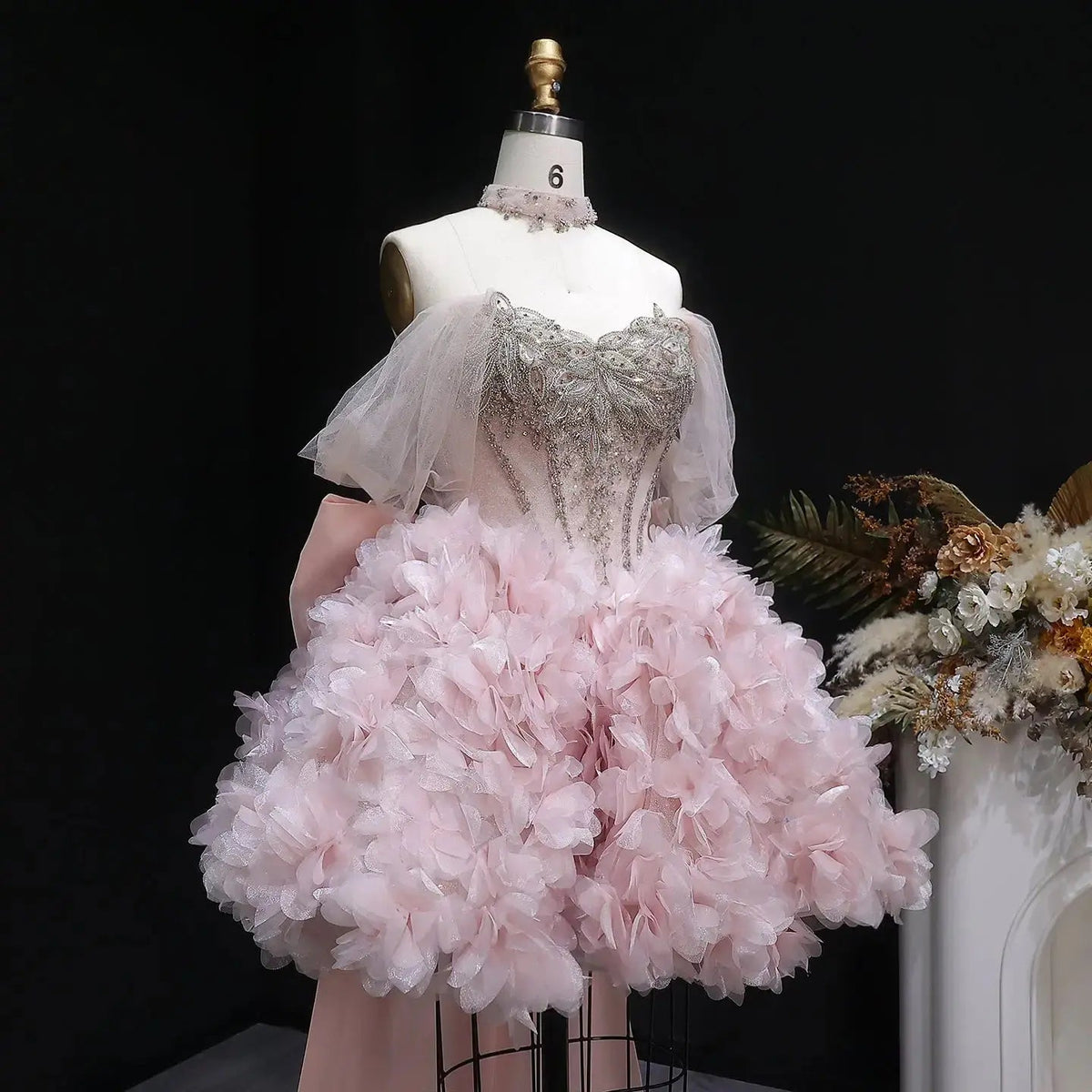 Luxury Pink 3D Floral Train Evening Dress with Overskirt and Bow SS740