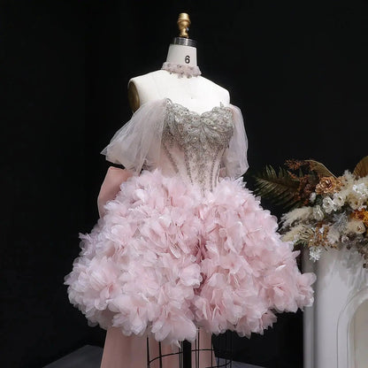 Luxury Pink 3D Floral Train Evening Dress with Overskirt and Bow SS740