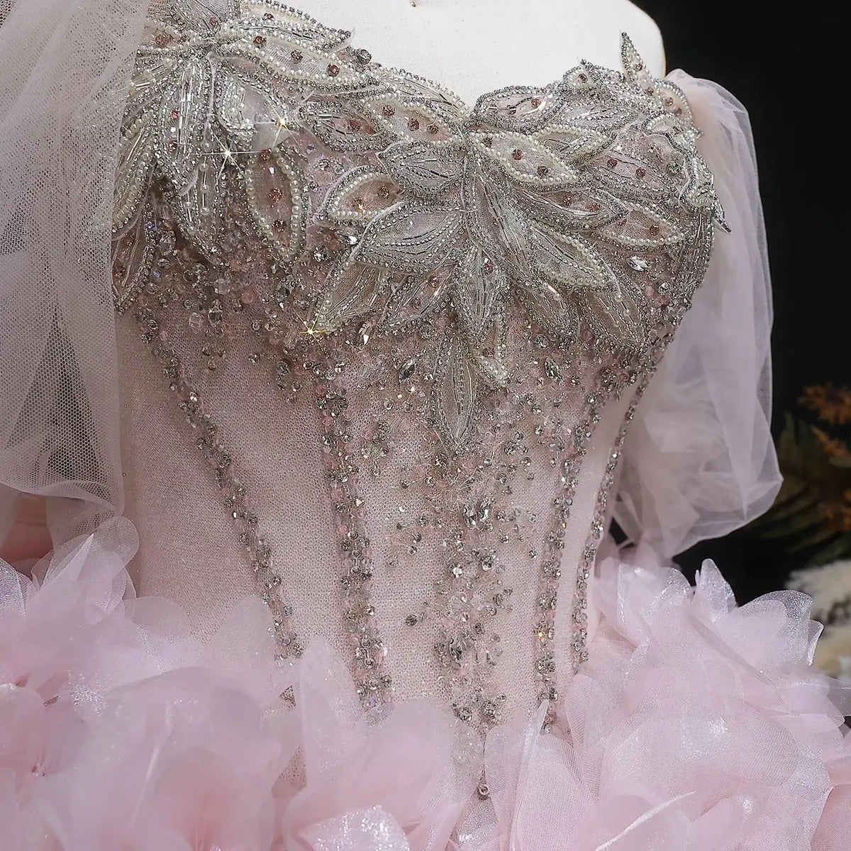 Luxury Pink 3D Floral Train Evening Dress with Overskirt and Bow SS740