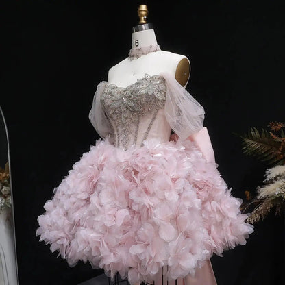 Luxury Pink 3D Floral Train Evening Dress with Overskirt and Bow SS740