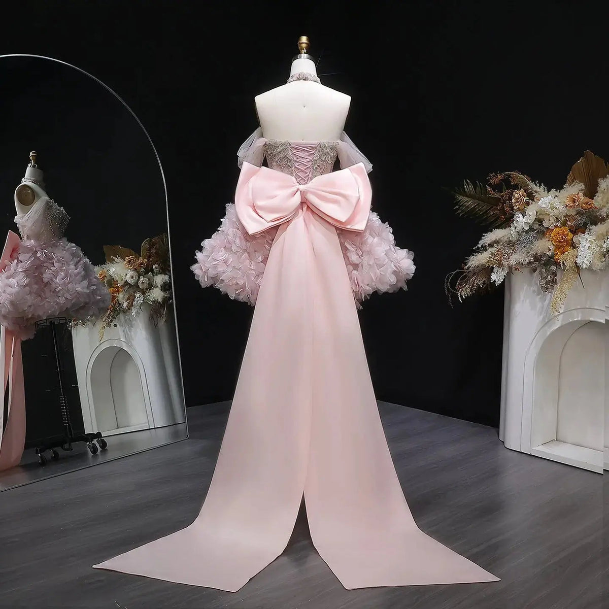 Luxury Pink 3D Floral Train Evening Dress with Overskirt and Bow SS740