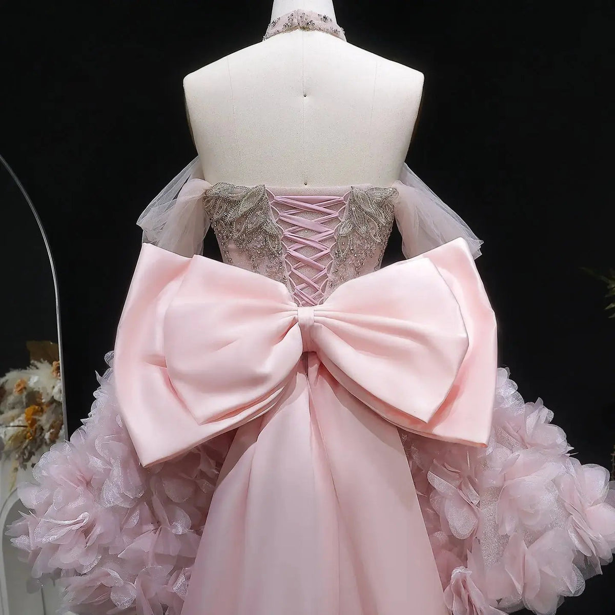 Luxury Pink 3D Floral Train Evening Dress with Overskirt and Bow SS740