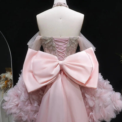 Luxury Pink 3D Floral Train Evening Dress with Overskirt and Bow SS740