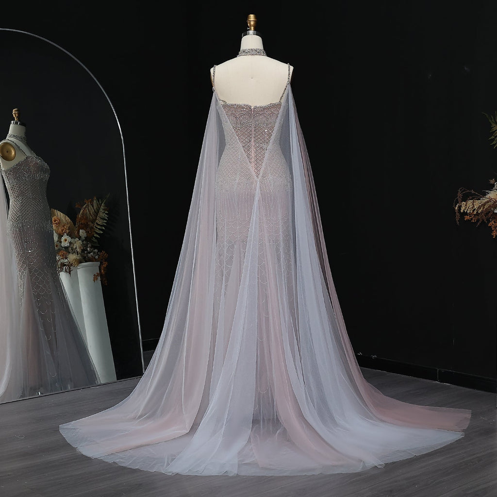 Charming Beaded Pink Mermaid Evening Dress with Cape SS509