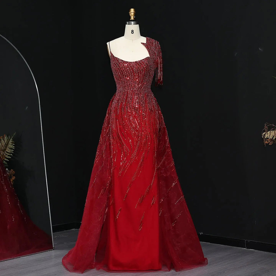 Luxury Beaded Tassel Red One Shoulder Evening Dress with Overskirt SS008