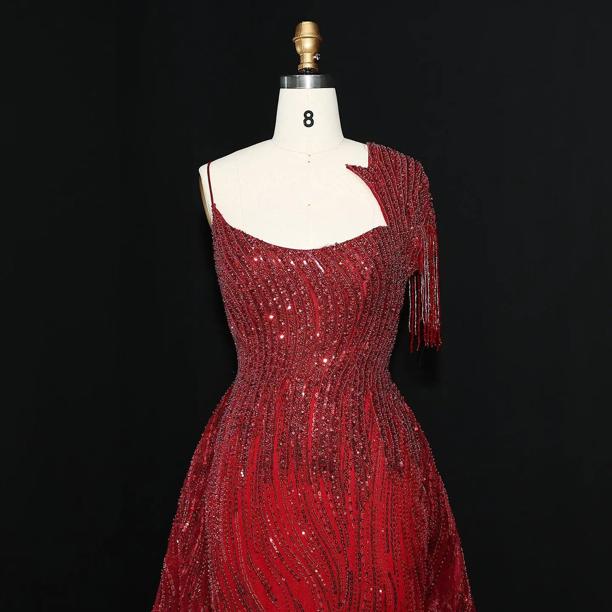 Luxury Beaded Tassel Red One Shoulder Evening Dress with Overskirt SS008