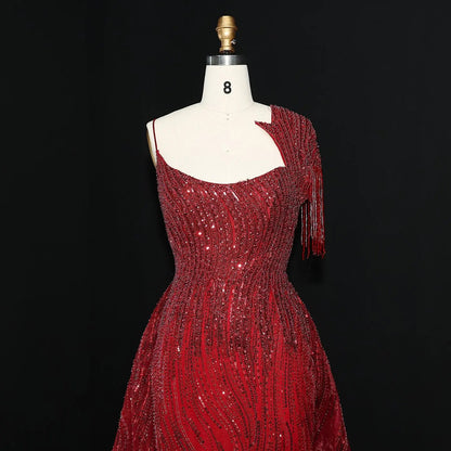 Luxury Beaded Tassel Red One Shoulder Evening Dress with Overskirt SS008