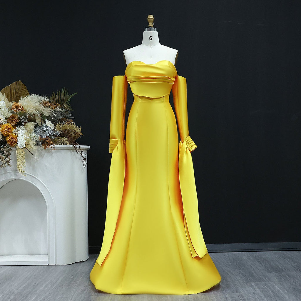 Elegant Gold Long Sleeves Mermaid Satin Evening Dress SF100