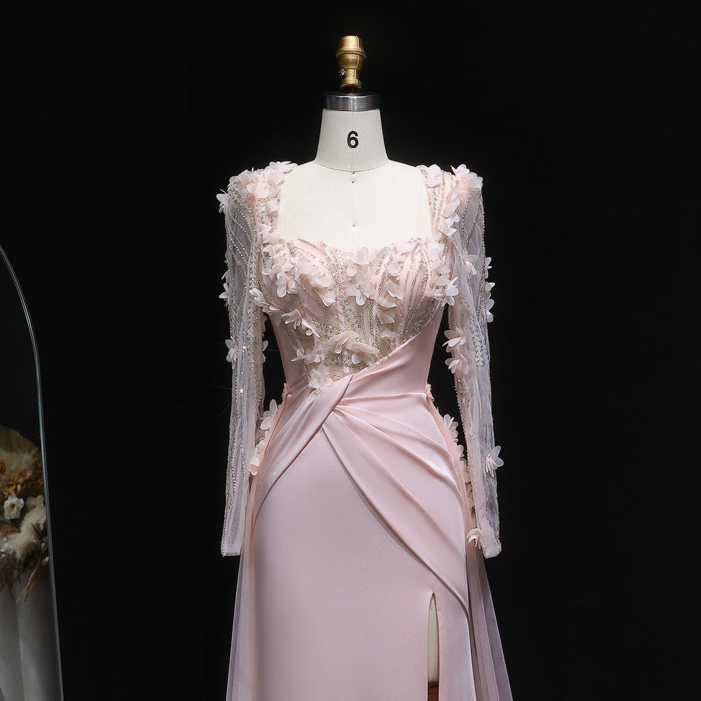 Elegant Pink 3D Floral Sequins Draped Evening Dress with Overskirt SF384