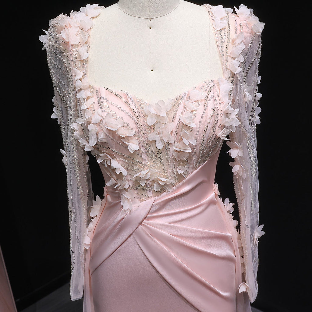 Elegant Pink 3D Floral Sequins Draped Evening Dress with Overskirt SF384