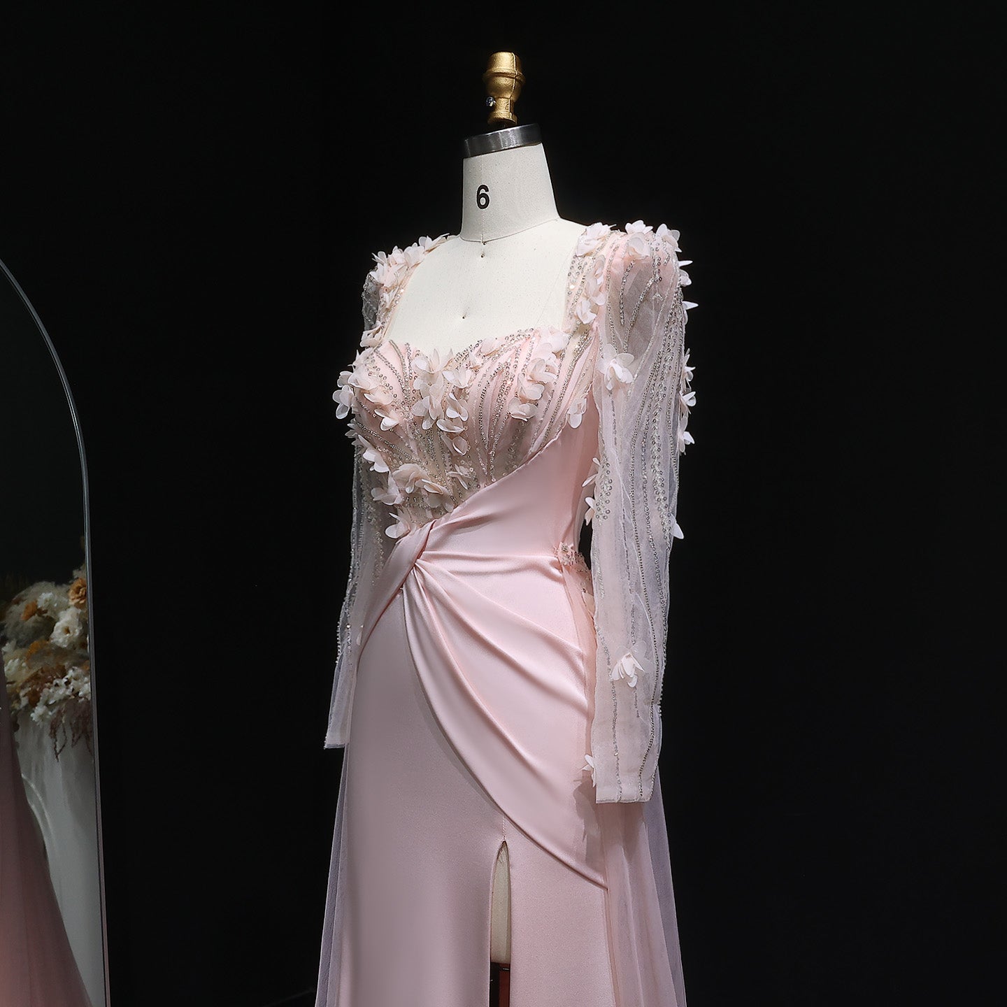 Elegant Pink 3D Floral Sequins Draped Evening Dress with Overskirt SF384