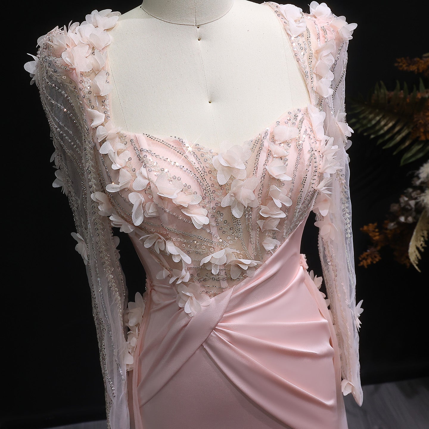 Elegant Pink 3D Floral Sequins Draped Evening Dress with Overskirt SF384
