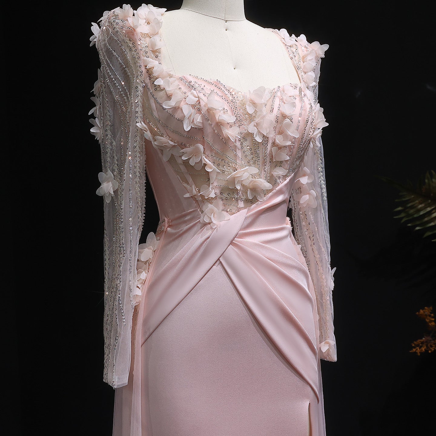 Elegant Pink 3D Floral Sequins Draped Evening Dress with Overskirt SF384