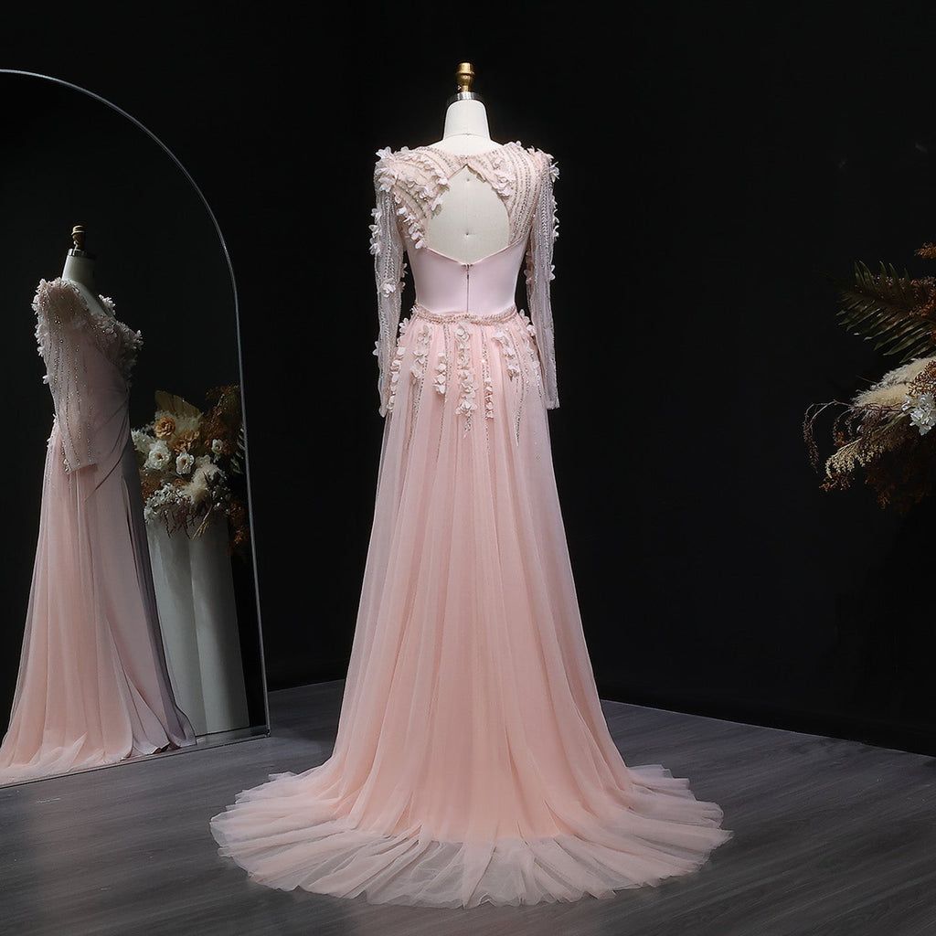 Elegant Pink 3D Floral Sequins Draped Evening Dress with Overskirt SF384