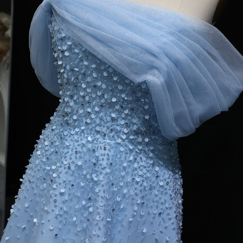Elegant Beaded Sky Blue A-Line Evening Dress SS510