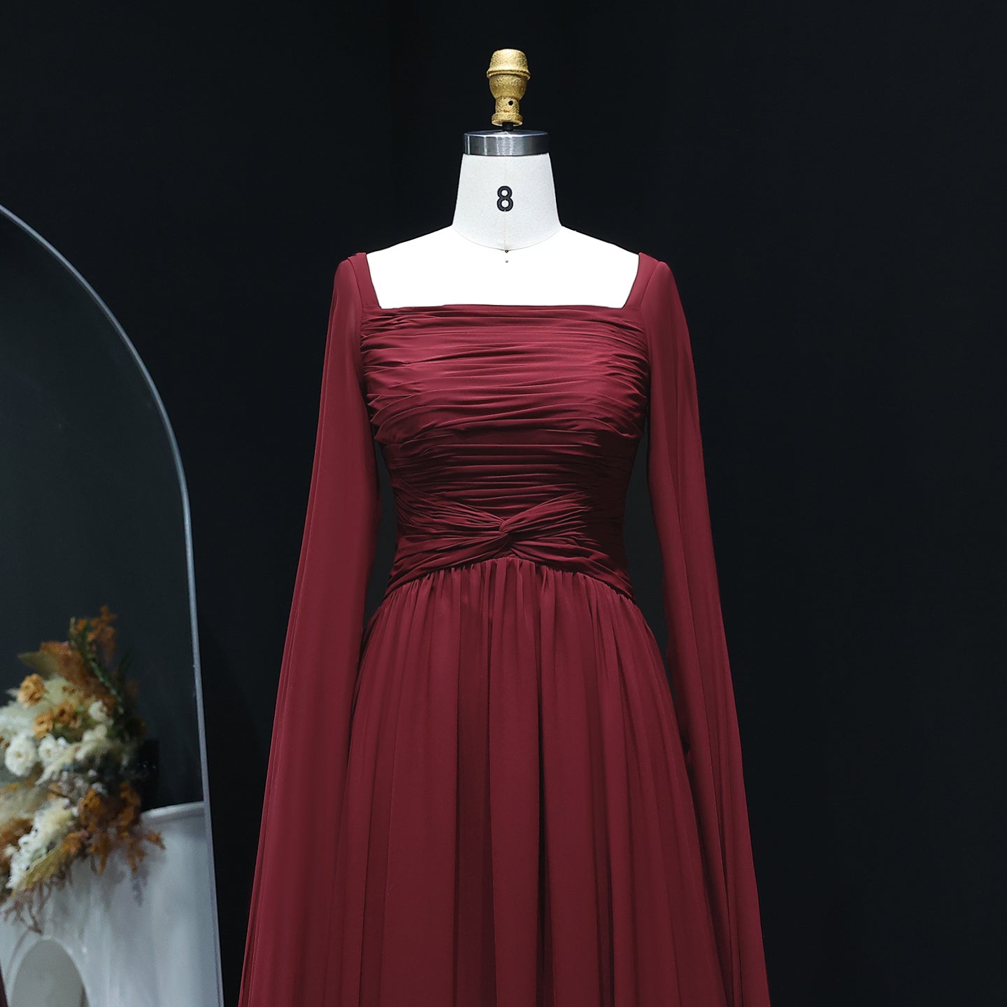 Elegant Red A-Line Chiffon Evening Dress with Cape Sleeves SF032