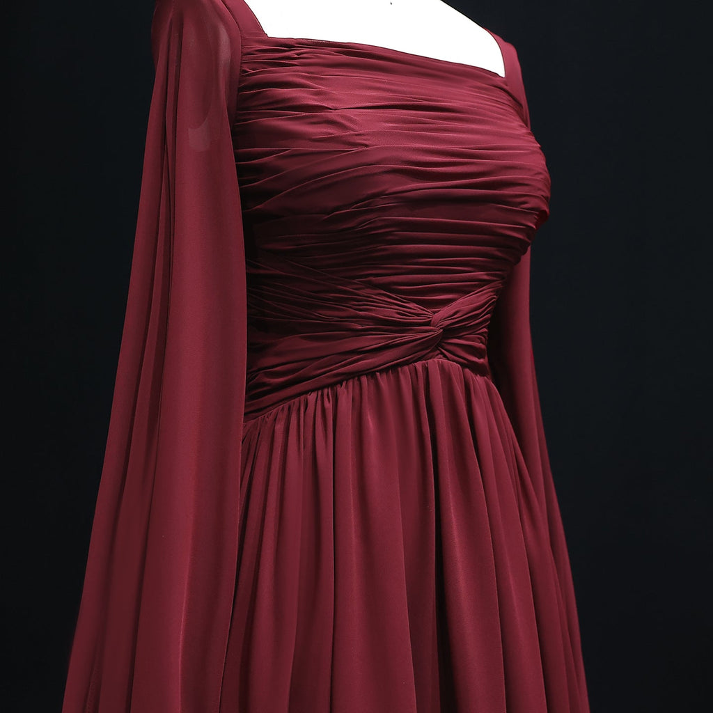 Elegant Red A-Line Chiffon Evening Dress with Cape Sleeves SF032