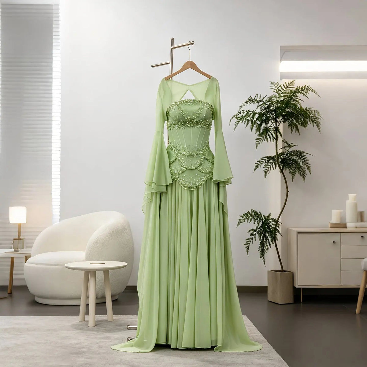 Luxury Pearls Tassel Blue and Yellow Evening Dress with Flowing Sleeves SS286