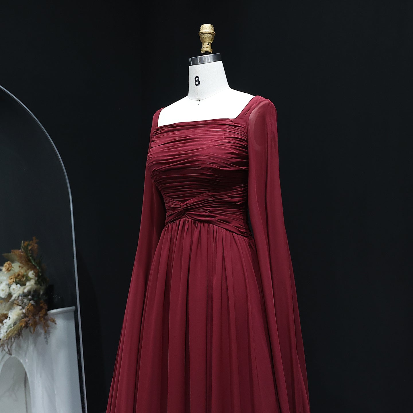 Elegant Red A-Line Chiffon Evening Dress with Cape Sleeves SF032