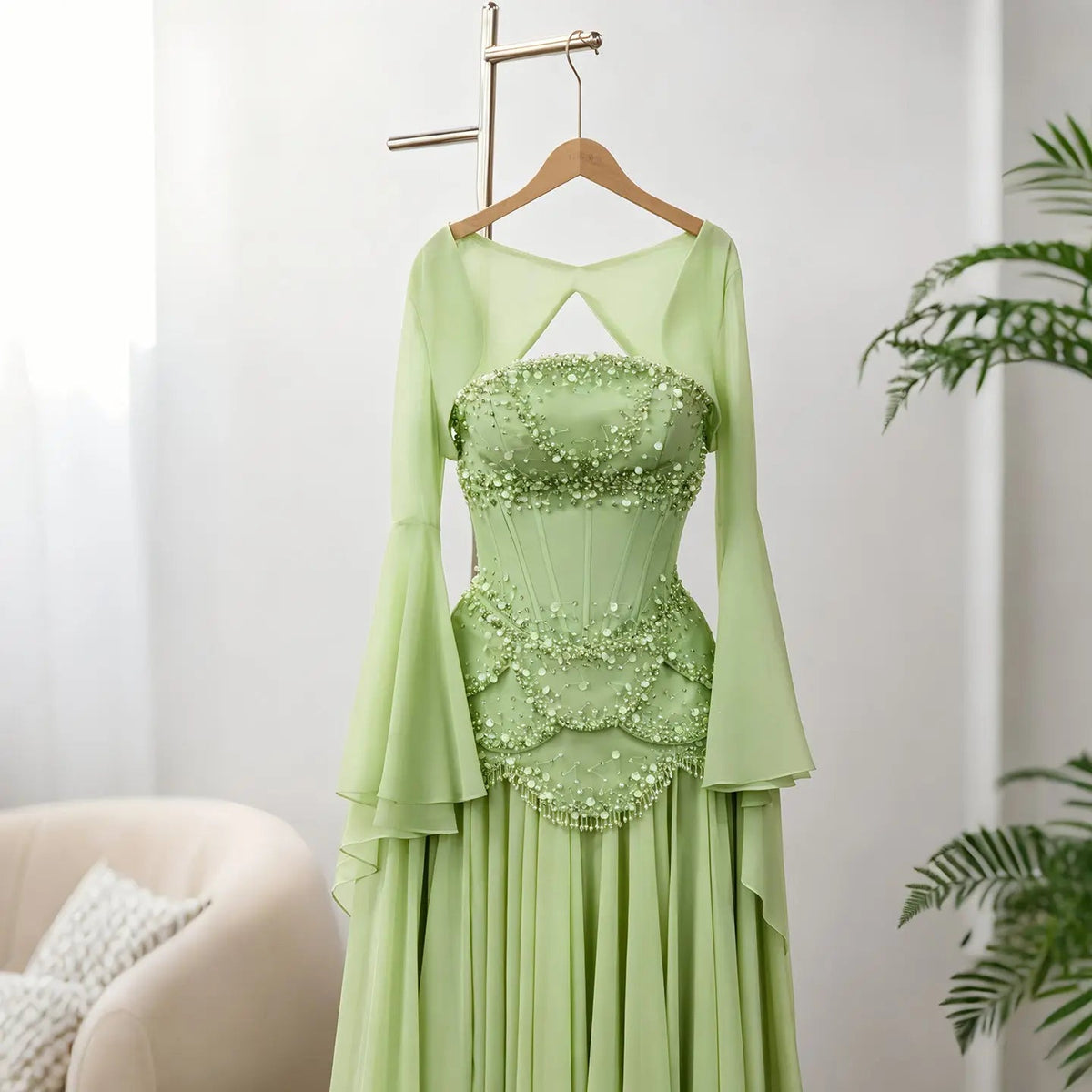 Luxury Pearls Tassel Blue and Yellow Evening Dress with Flowing Sleeves SS286
